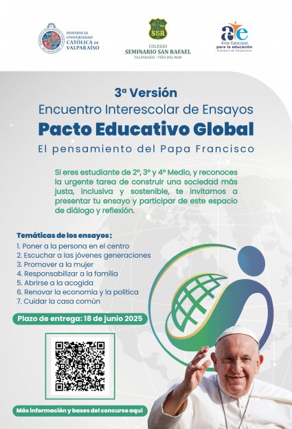 Invitación tercera versión del Encuentro Interescolar de ensayos, en torno al pensamiento del Papa Francisco, Integrando el Pacto Educativo Global.